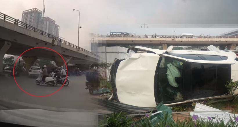 Khoảnh khắc kinh hoàng nữ tài xế lái Mercedes tông loạt xe máy rồi lật nhào tại Hà Nội