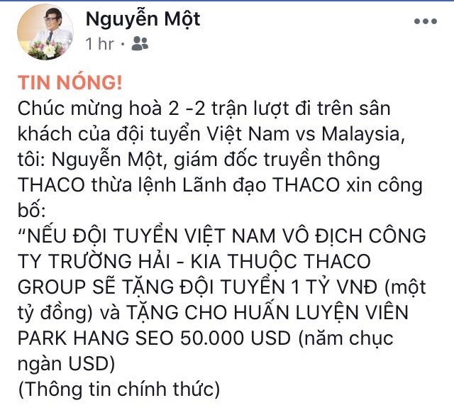 Dòng thông báo chính thức trên trang mạng xã hội của GĐ Truyền thông Thaco