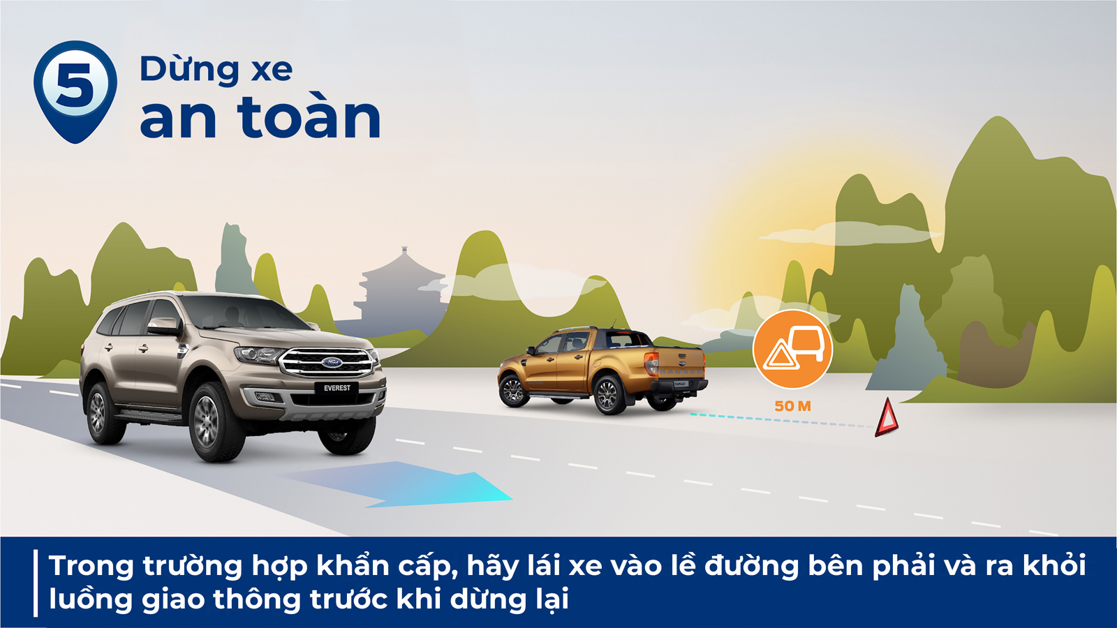 Bật đèn dừng khẩn cấp và đặt biển cảnh báo nguy hiểm khoảng 50 mét phía sau xe
