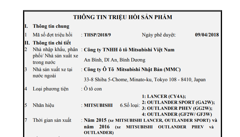 Thông báo triệu hồi xe Mitsubishi của Cục Đăng kiểm Việt Nam