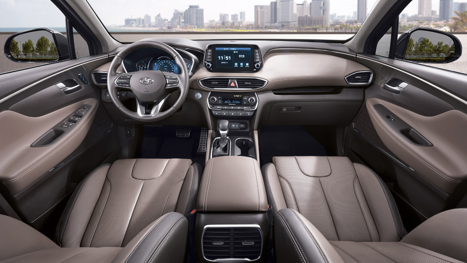 Khoang nội thất của Hyundai Santa Fe 2019 có nhiều cải tiến mang nhiều hơi hướng của người anh em Kona