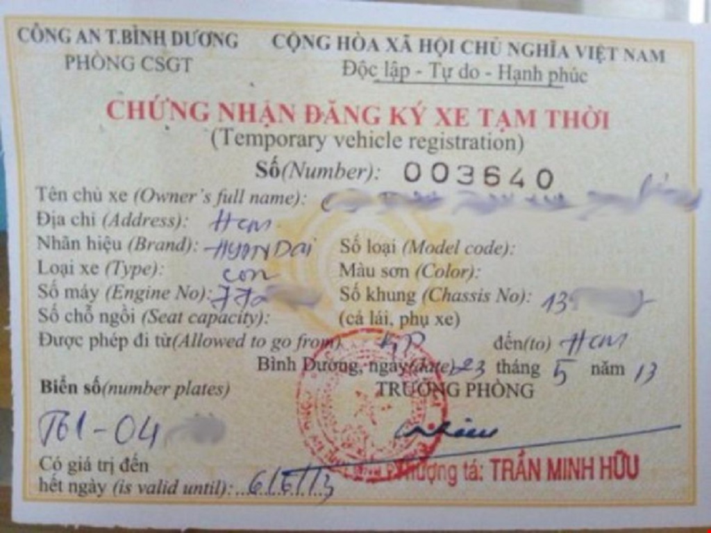 đăng ký xe tạm thời