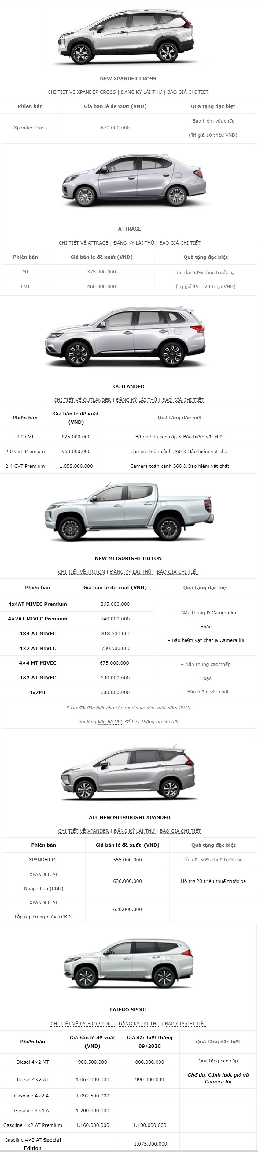Bảng giá xe Mitsubishi tháng 09/2020