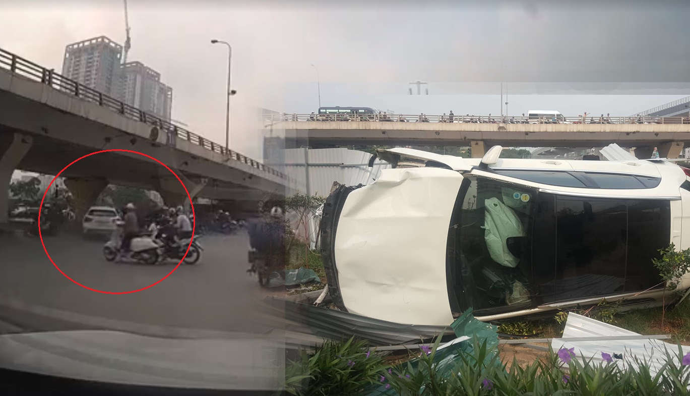 Khoảnh khắc kinh hoàng nữ tài xế lái Mercedes tông loạt xe máy rồi lật nhào tại Hà Nội
