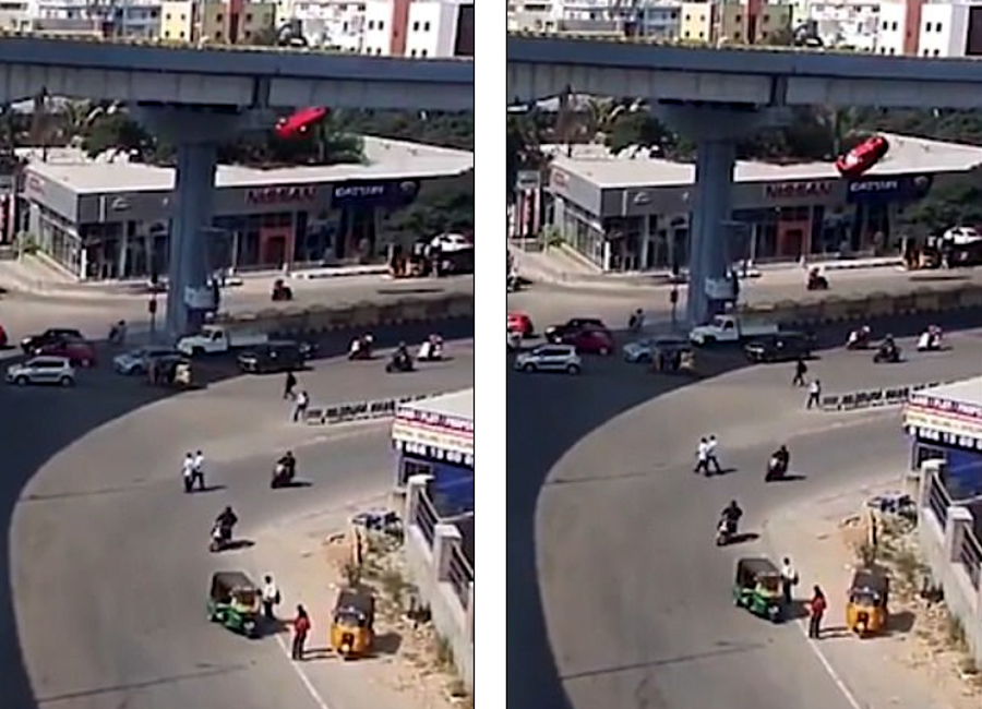 Xe bay khỏi đường trên cao lộn giữa không trung trước khi "hạ cánh"